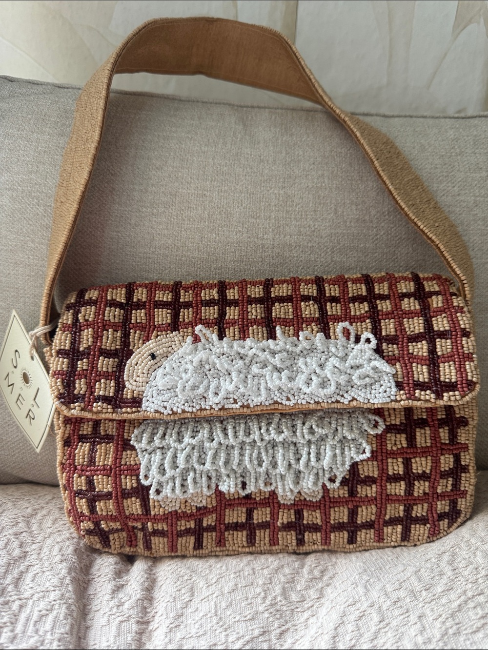 NWT SOL AND MER viral Beige & Burgundy Beaded Shoulder Bag - with adorable sheep